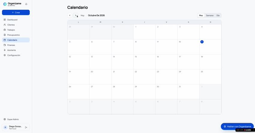 Calendario de Organízame de la aplicación