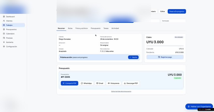 Vista de trabajo y presupuesto de Organízame de la aplicación